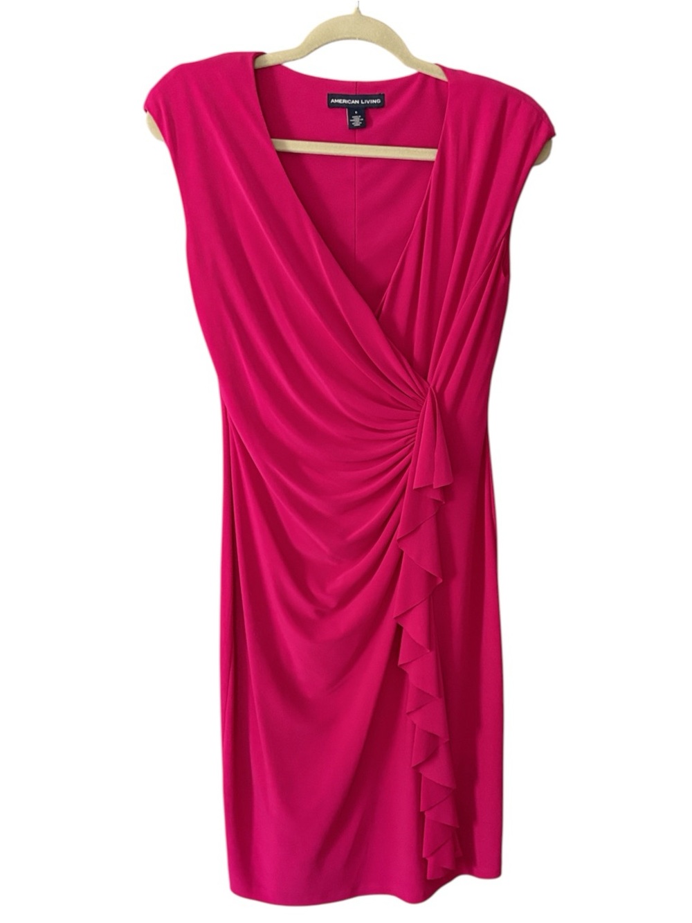 American Living Hot Pink Faux Wrap Ruffle Dress Surplice Ruched Sheath Size 6
